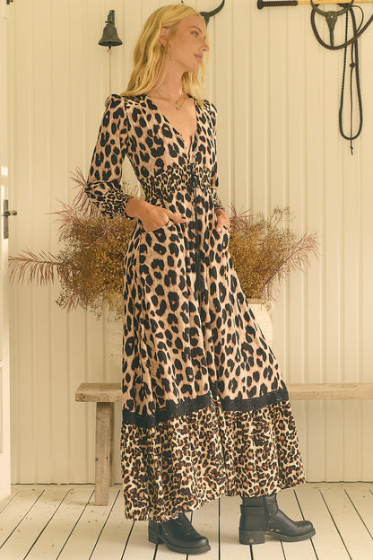 JAASE - Sabrina Maxi Dress: A Line Button Through Dress with Long Sleeves in Untamed Print