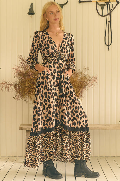 JAASE - Sabrina Maxi Dress: A Line Button Through Dress with Long Sleeves in Untamed Print
