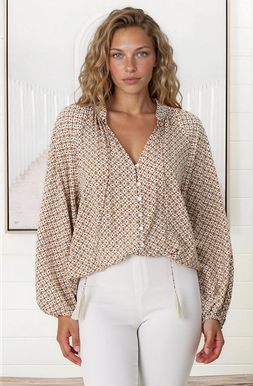 Sallie Blouse - V-Neckline Button Down Top in Retro Print