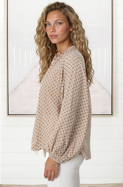 Sallie Blouse - V-Neckline Button Down Top in Retro Print