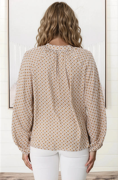 Sallie Blouse - V-Neckline Button Down Top in Retro Print