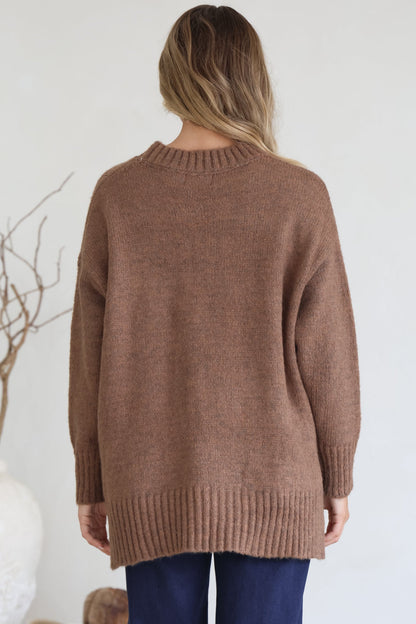 Sammy Jumper - Crew Neck Ribbed Shark Bite Hemline Jumper in Brown