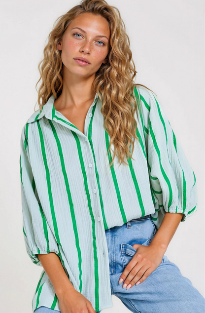 Samsara Shirt - Collared Oversized Button Down with Balloon Sleeves in Green Stripe