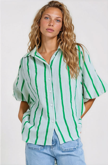 Samsara Shirt - Collared Oversized Button Down with Balloon Sleeves in Green Stripe