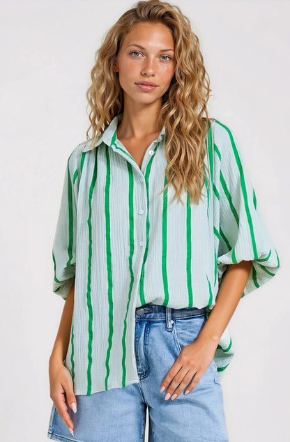 Samsara Shirt - Collared Oversized Button Down with Balloon Sleeves in Green Stripe