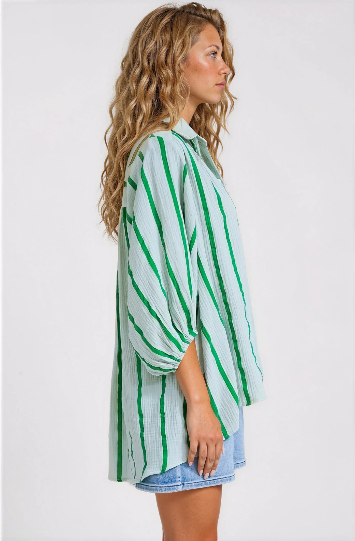 Samsara Shirt - Collared Oversized Button Down with Balloon Sleeves in Green Stripe