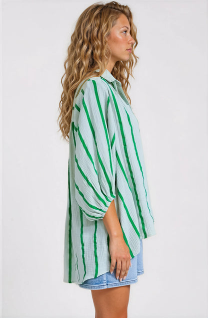 Samsara Shirt - Collared Oversized Button Down with Balloon Sleeves in Green Stripe