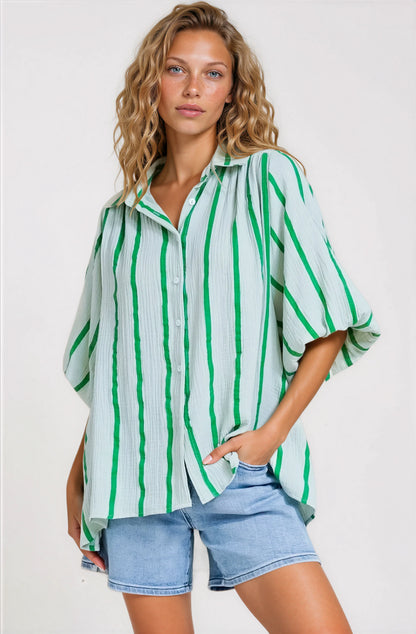 Samsara Shirt - Collared Oversized Button Down with Balloon Sleeves in Green Stripe