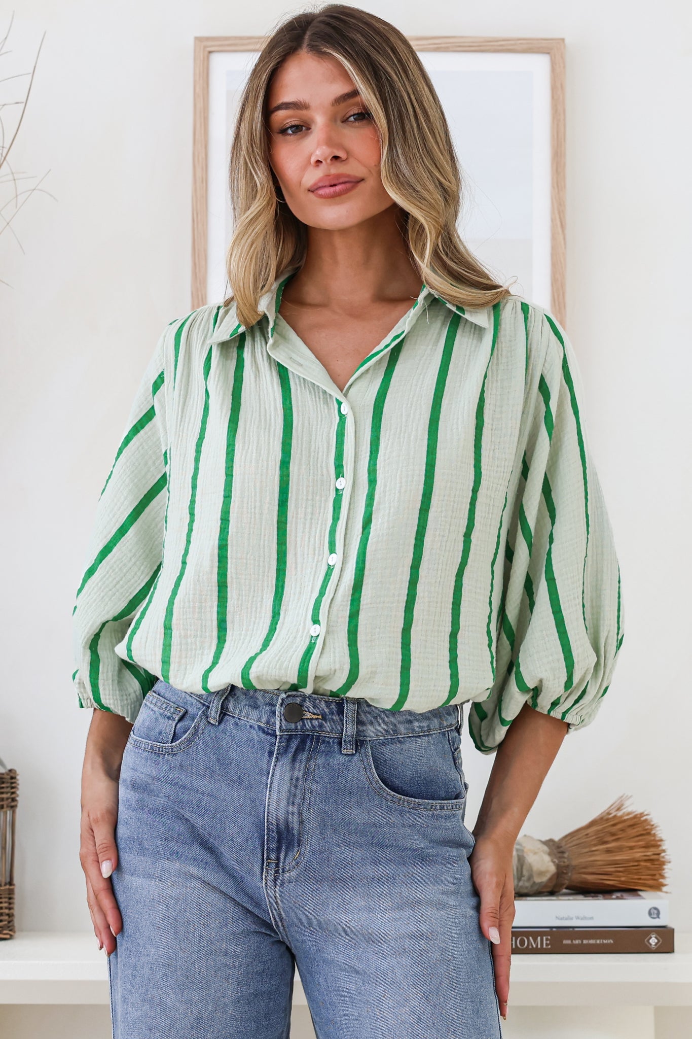 Samsara Shirt - Collared Oversized Button Down with Balloon Sleeves in Green Stripe