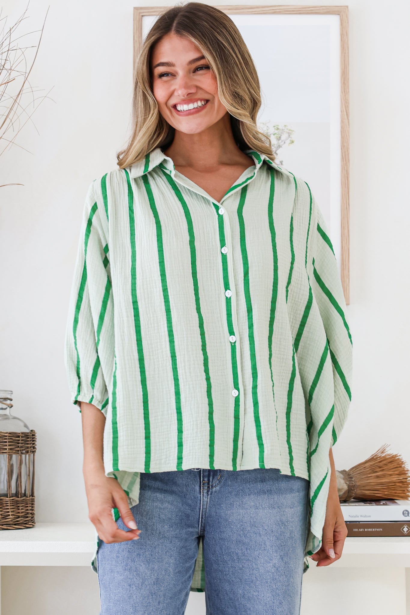 Samsara Shirt - Collared Oversized Button Down with Balloon Sleeves in Green Stripe