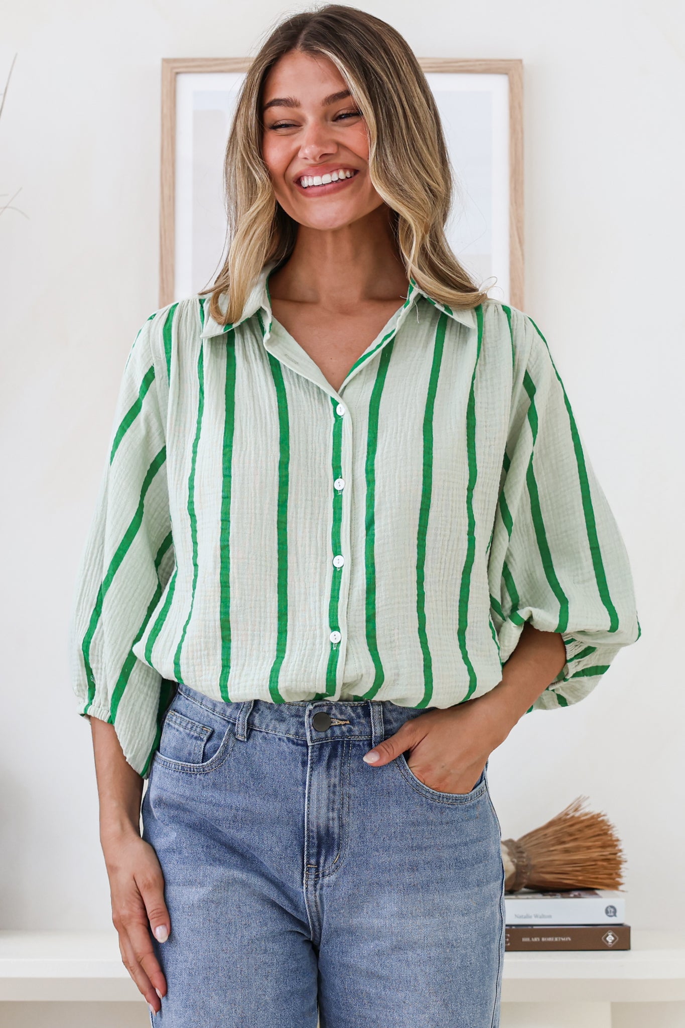 Samsara Shirt - Collared Oversized Button Down with Balloon Sleeves in Green Stripe