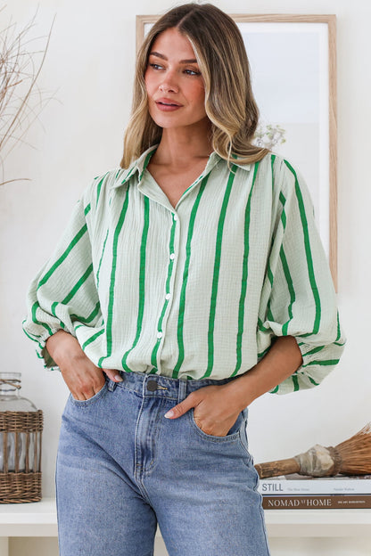 Samsara Shirt - Collared Oversized Button Down with Balloon Sleeves in Green Stripe