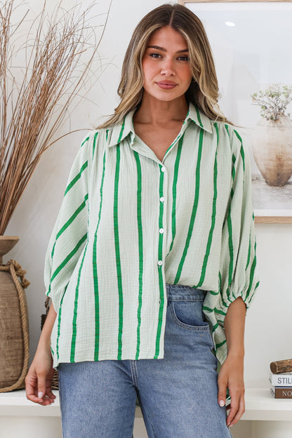 Samsara Shirt - Collared Oversized Button Down with Balloon Sleeves in Green Stripe