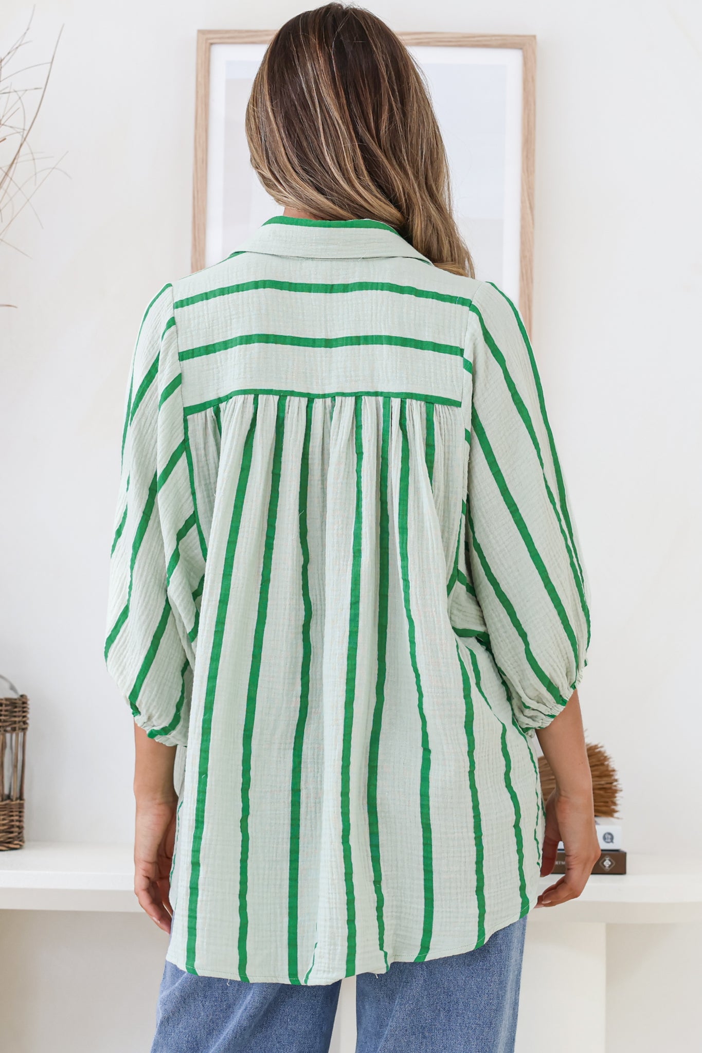 Samsara Shirt - Collared Oversized Button Down with Balloon Sleeves in Green Stripe