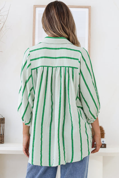 Samsara Shirt - Collared Oversized Button Down with Balloon Sleeves in Green Stripe