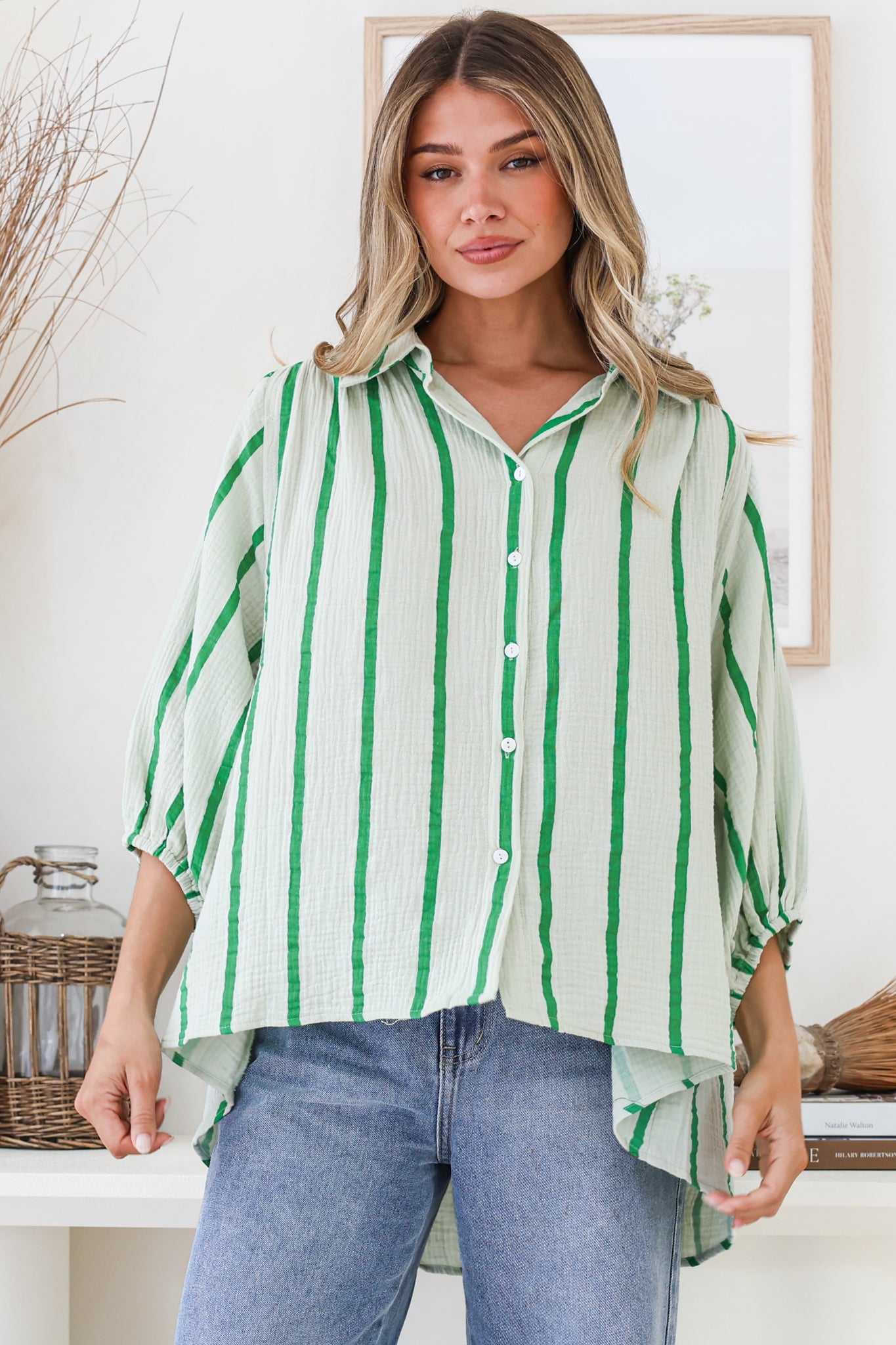 Samsara Shirt - Collared Oversized Button Down with Balloon Sleeves in Green Stripe
