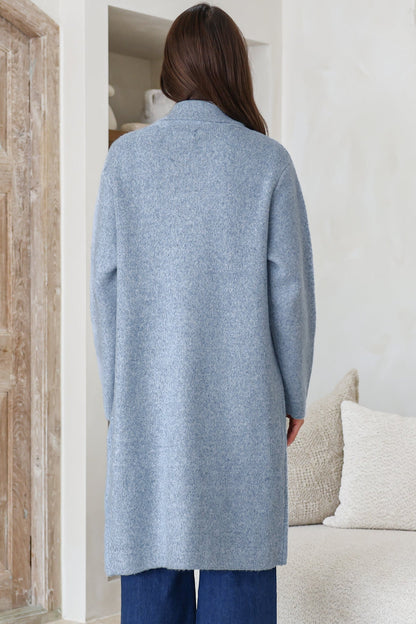 Samson Cardigan - Folded Lapel Collar Coatigan with Pockets in Blue