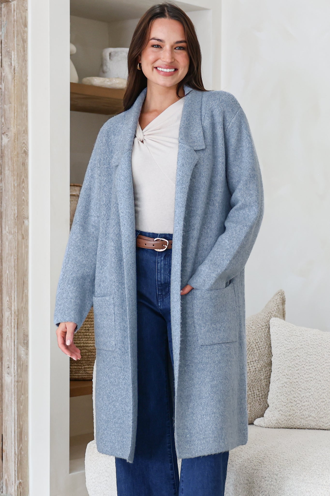 Samson Cardigan - Folded Lapel Collar Coatigan with Pockets in Blue
