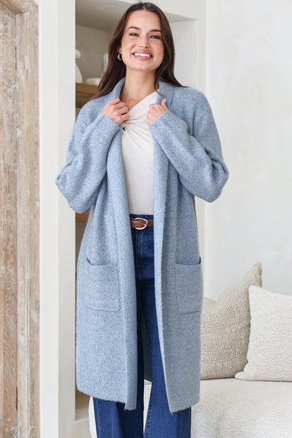 Samson Cardigan - Folded Lapel Collar Coatigan with Pockets in Blue