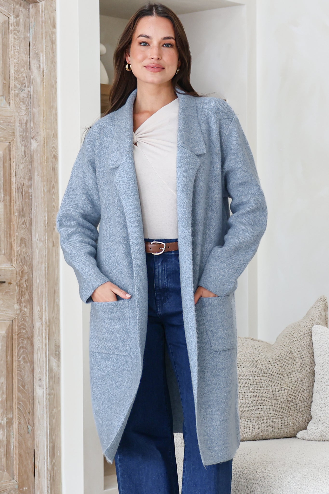 Samson Cardigan - Folded Lapel Collar Coatigan with Pockets in Blue