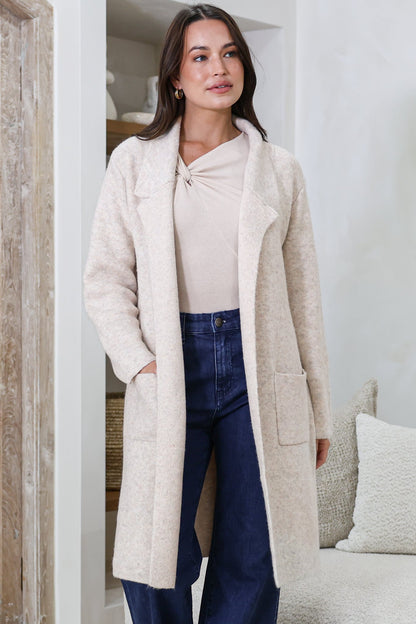 Samson Cardigan - Folded Lapel Collar Coatigan with Pockets in Oatmeal
