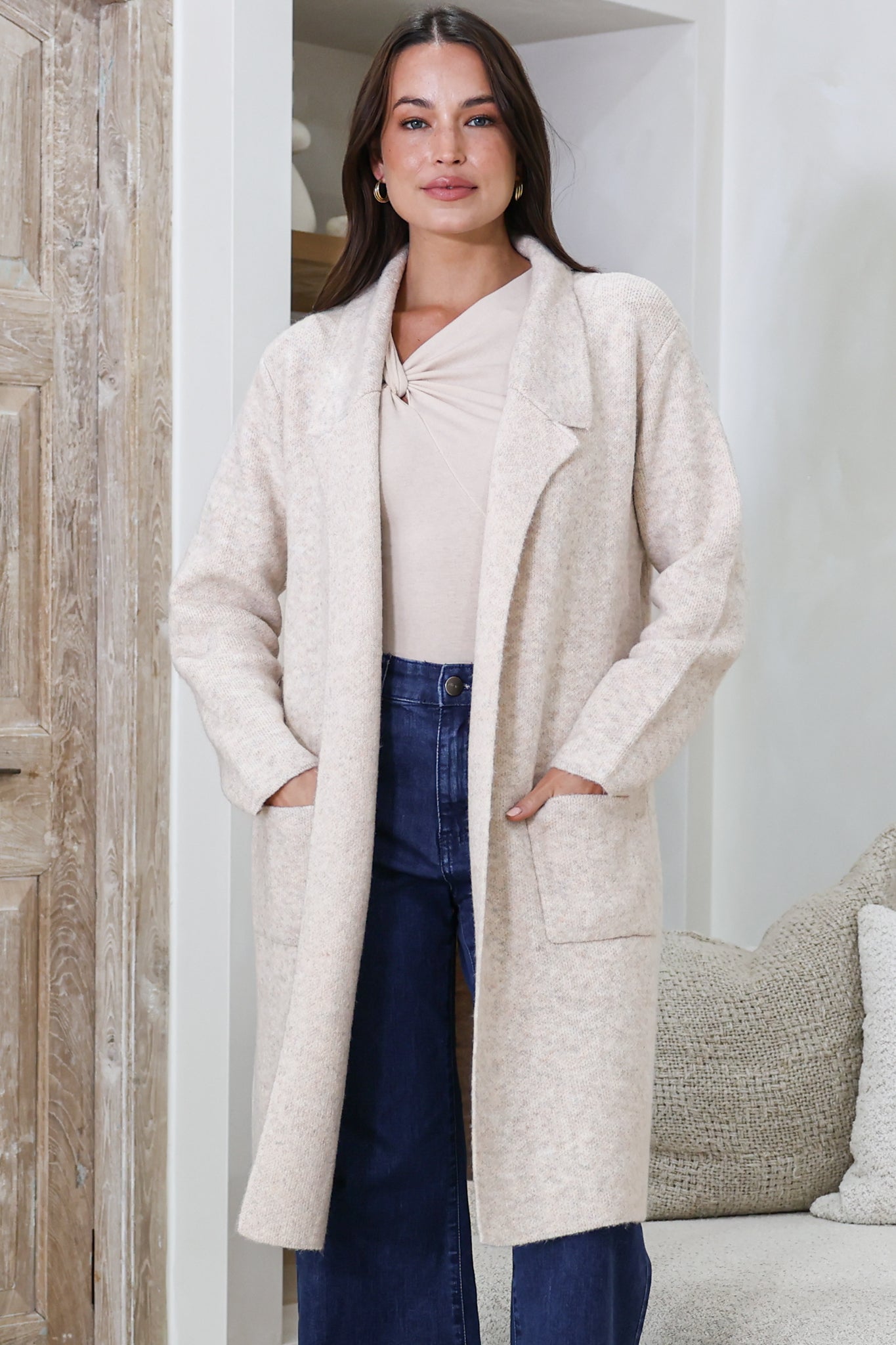 Samson Cardigan - Folded Lapel Collar Coatigan with Pockets in Oatmeal