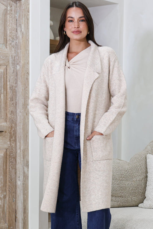 Samson Cardigan - Folded Lapel Collar Coatigan with Pockets in Oatmeal