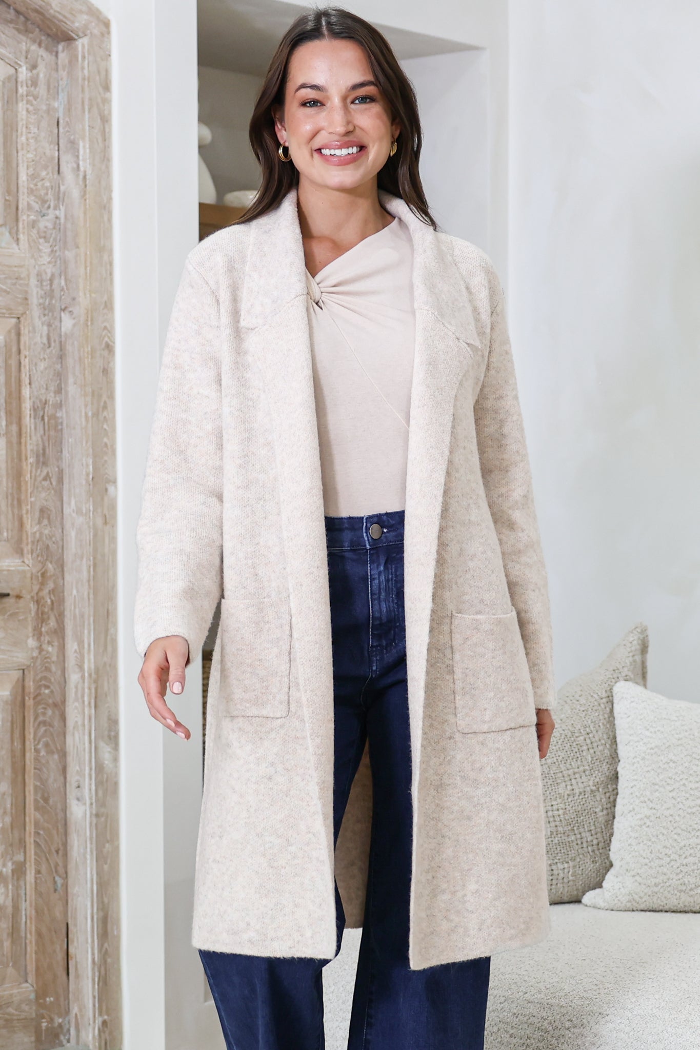 Samson Cardigan - Folded Lapel Collar Coatigan with Pockets in Oatmeal