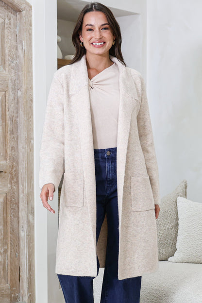 Samson Cardigan - Folded Lapel Collar Coatigan with Pockets in Oatmeal