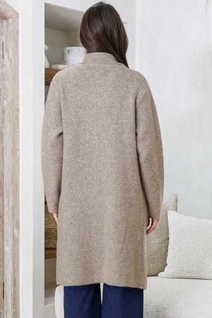 Samson Cardigan - Folded Lapel Collar Coatigan with Pockets in Taupe