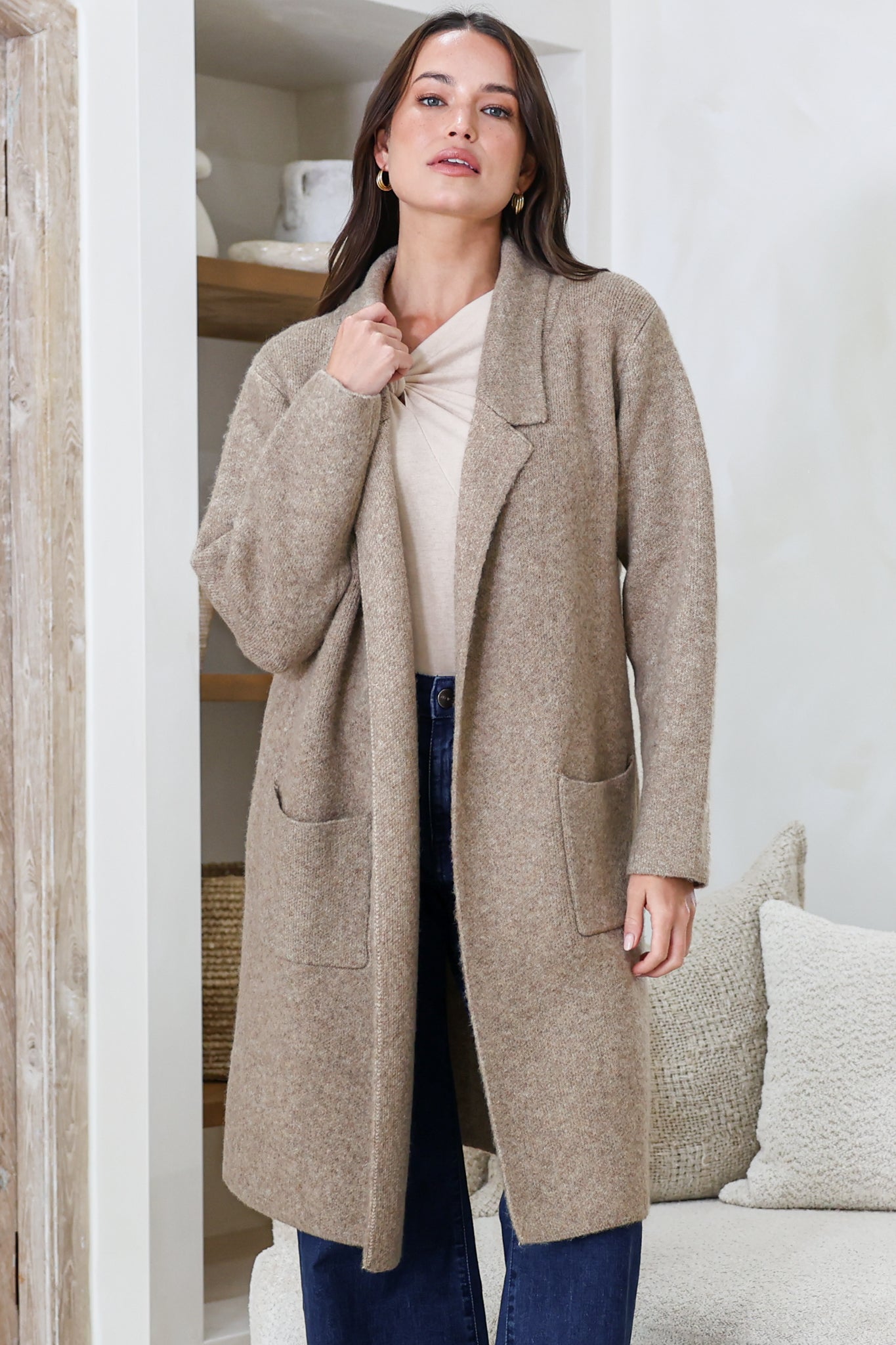 Samson Cardigan - Folded Lapel Collar Coatigan with Pockets in Taupe