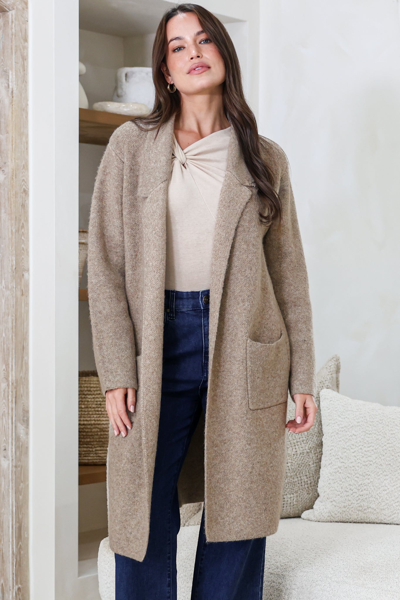 Samson Cardigan - Folded Lapel Collar Coatigan with Pockets in Taupe