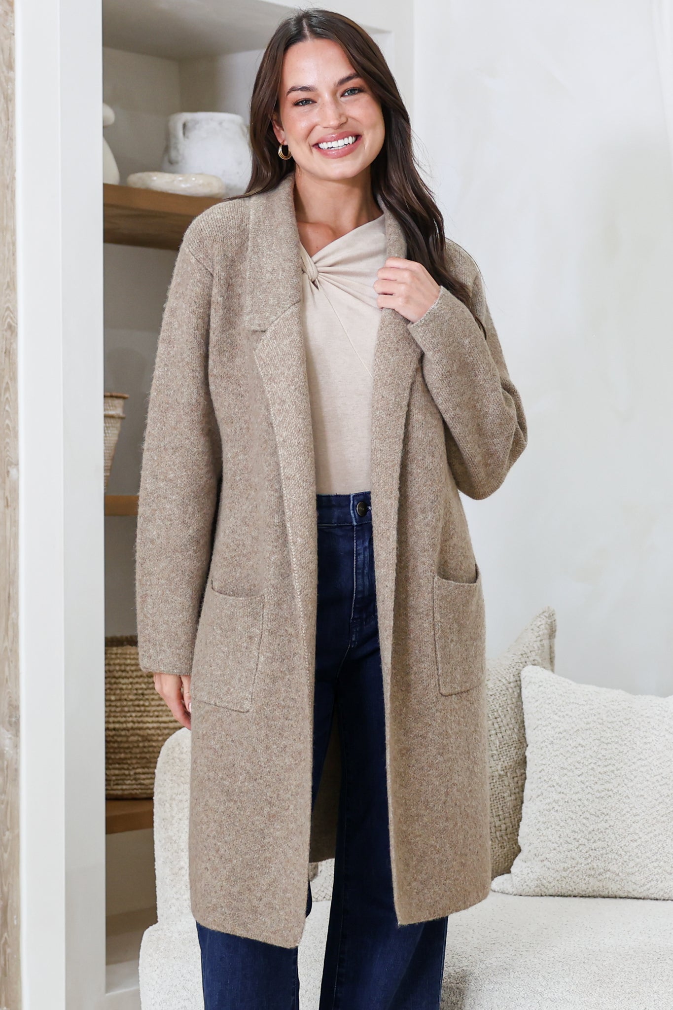 Samson Cardigan - Folded Lapel Collar Coatigan with Pockets in Taupe