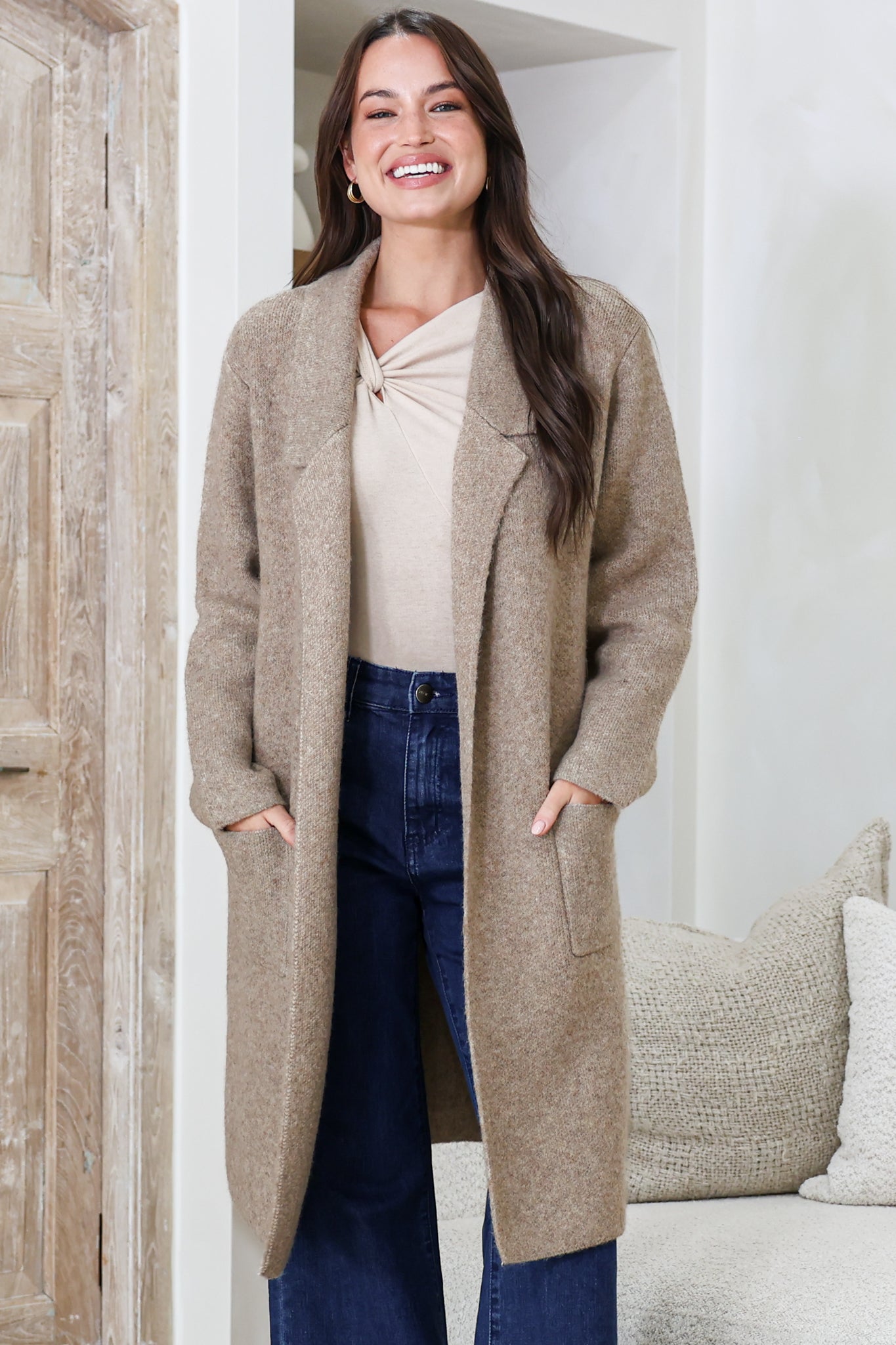 Samson Cardigan - Folded Lapel Collar Coatigan with Pockets in Taupe