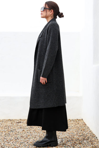 Samson Cardigan - Folded Lapel Collar Coatigan with Pockets in Charcoal