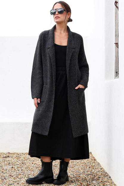 Samson Cardigan - Folded Lapel Collar Coatigan with Pockets in Charcoal