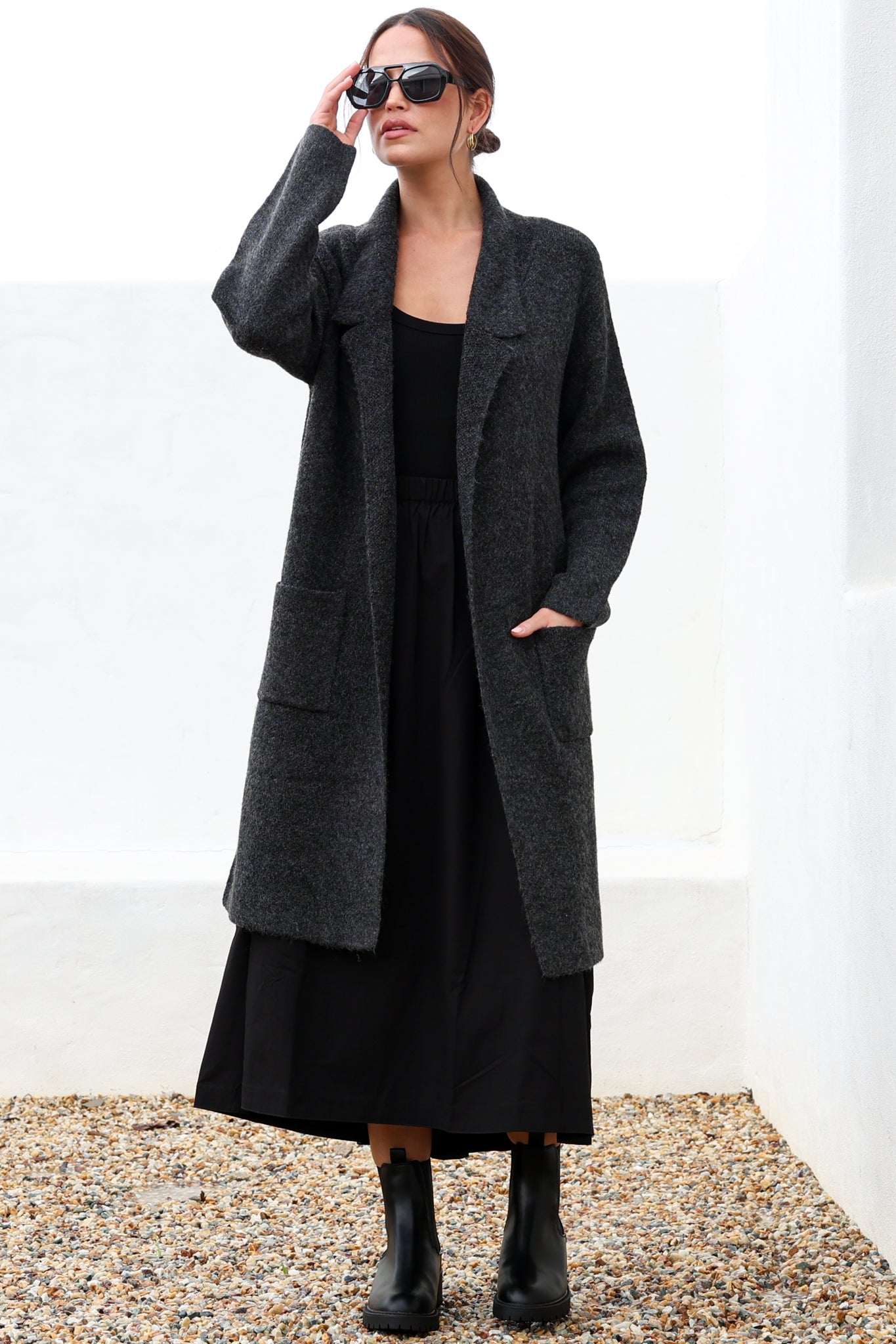 Samson Cardigan - Folded Lapel Collar Coatigan with Pockets in Charcoal