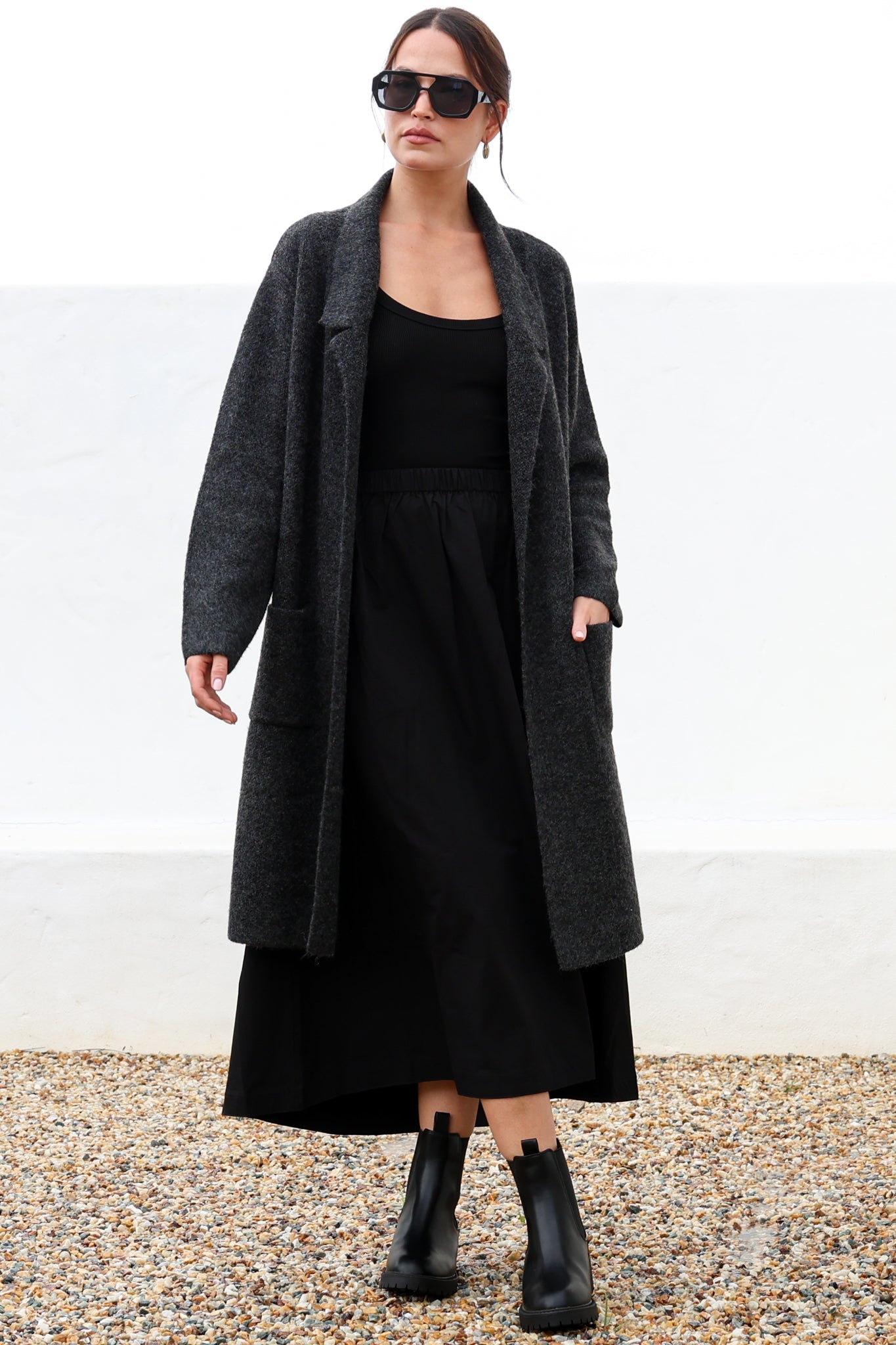 Samson Cardigan - Folded Lapel Collar Coatigan with Pockets in Charcoal