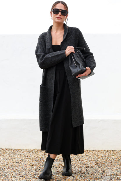 Samson Cardigan - Folded Lapel Collar Coatigan with Pockets in Charcoal