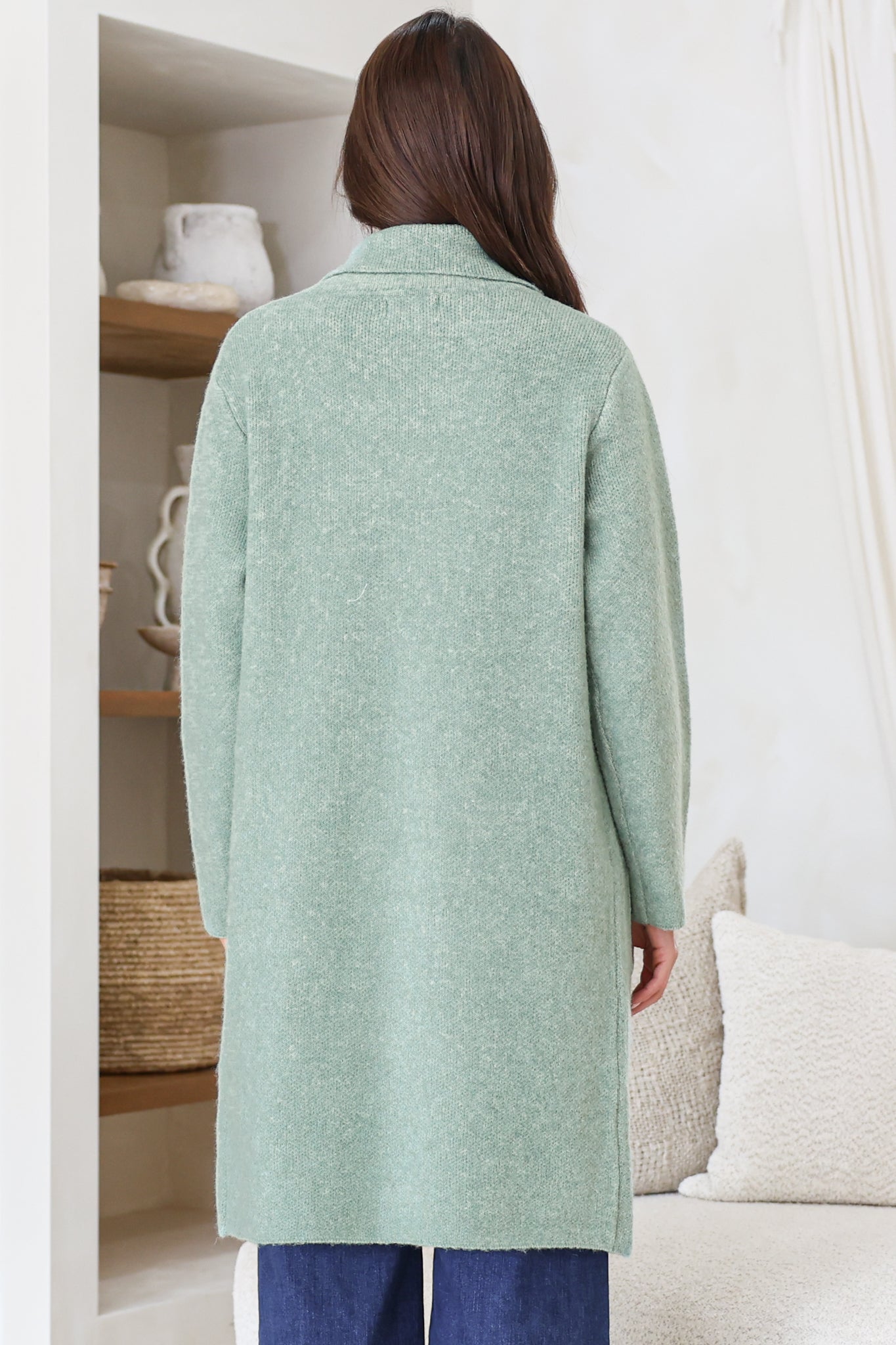 Samson Cardigan - Folded Lapel Collar Coatigan with Pockets in Sage