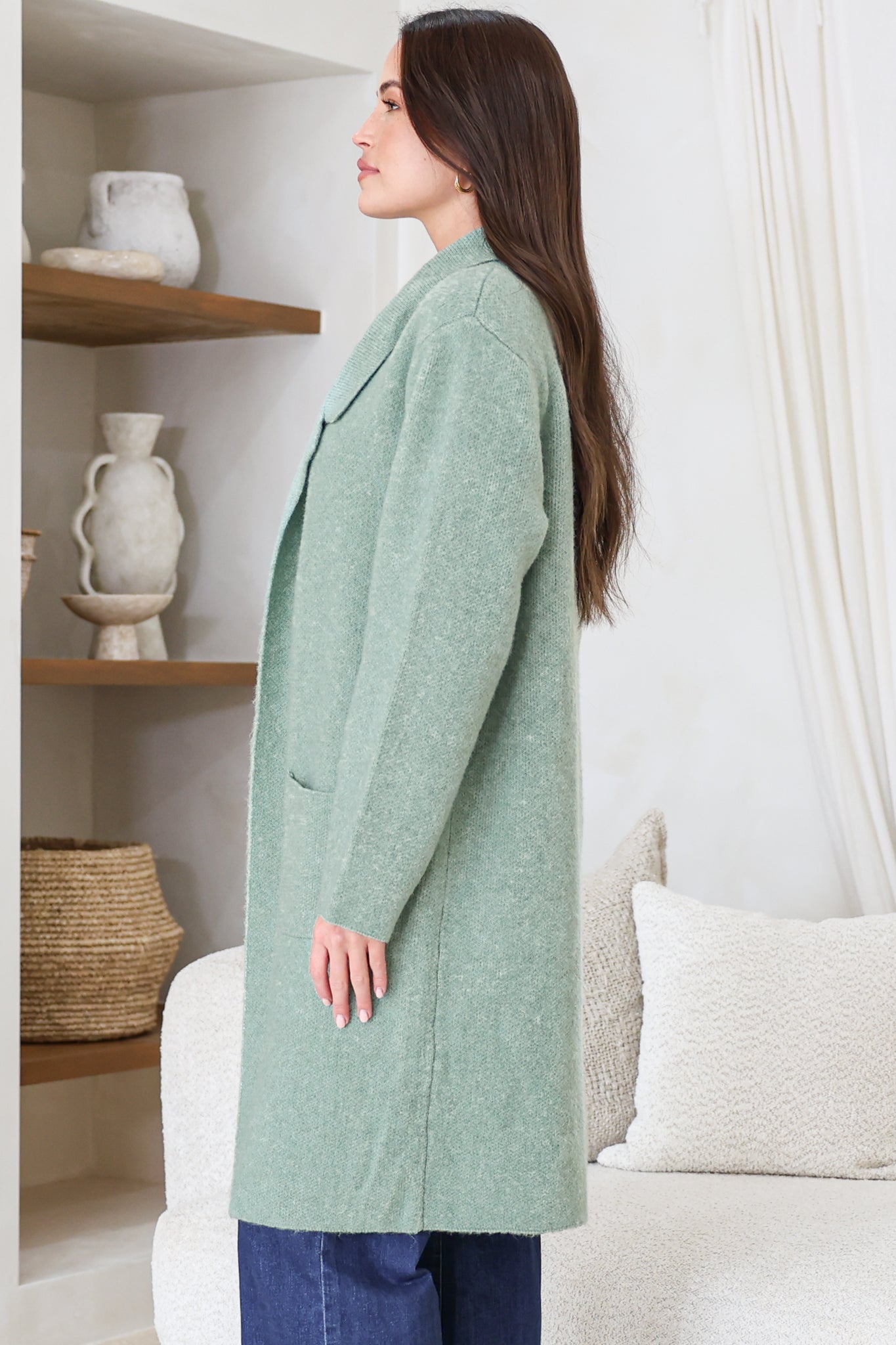 Samson Cardigan - Folded Lapel Collar Coatigan with Pockets in Sage