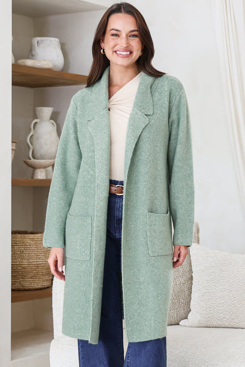 Samson Cardigan - Folded Lapel Collar Coatigan with Pockets in Sage