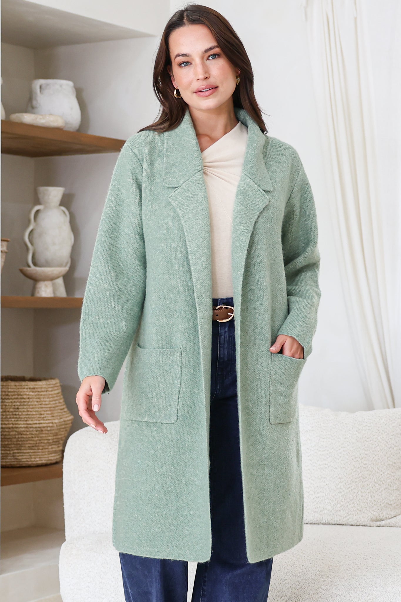 Samson Cardigan - Folded Lapel Collar Coatigan with Pockets in Sage