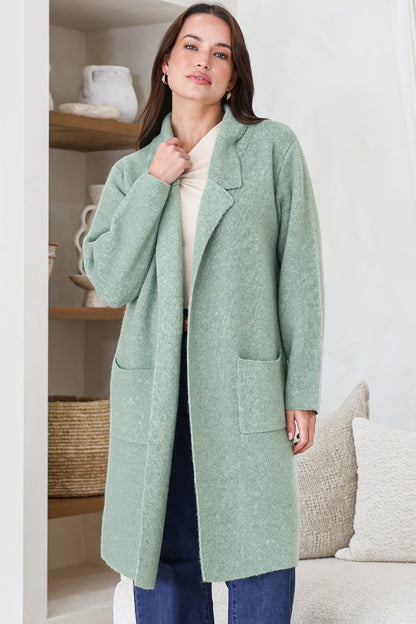 Samson Cardigan - Folded Lapel Collar Coatigan with Pockets in Sage