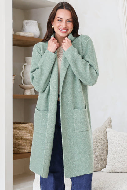 Samson Cardigan - Folded Lapel Collar Coatigan with Pockets in Sage