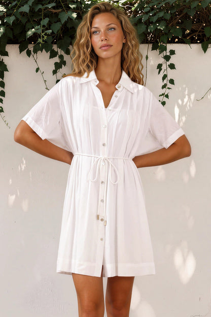 Santara Mini Dress - Collared Button Down with Slip and String Belt in White