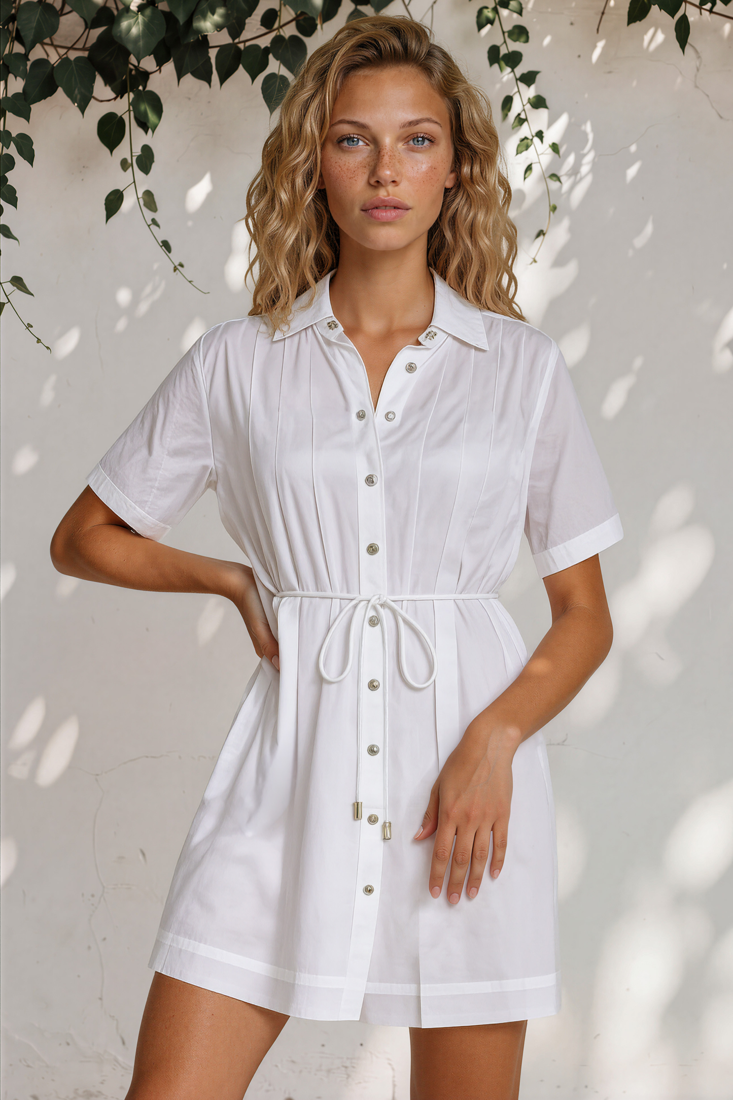 Santara Mini Dress - Collared Button Down with Slip and String Belt in White
