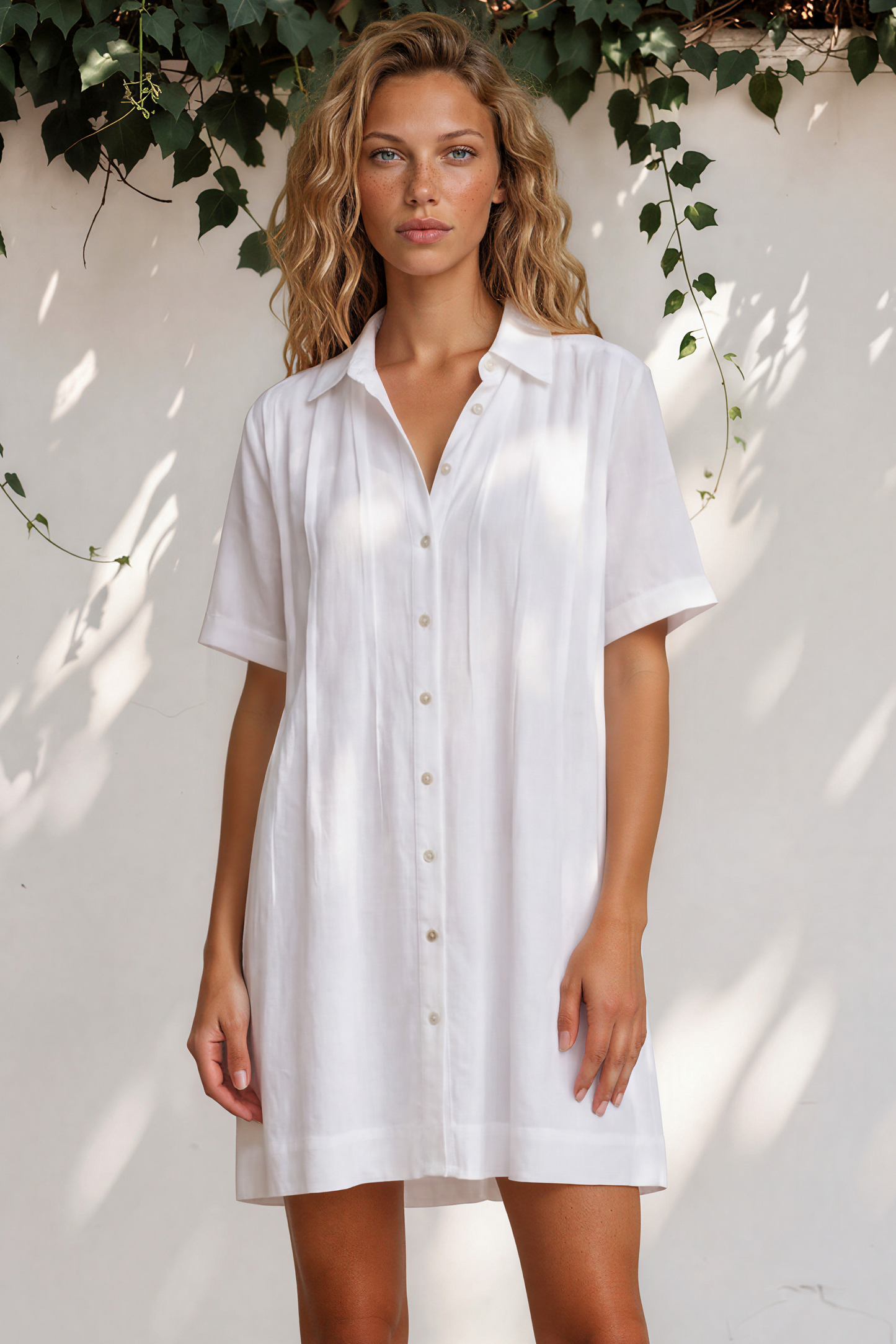 Santara Mini Dress - Collared Button Down with Slip and String Belt in White