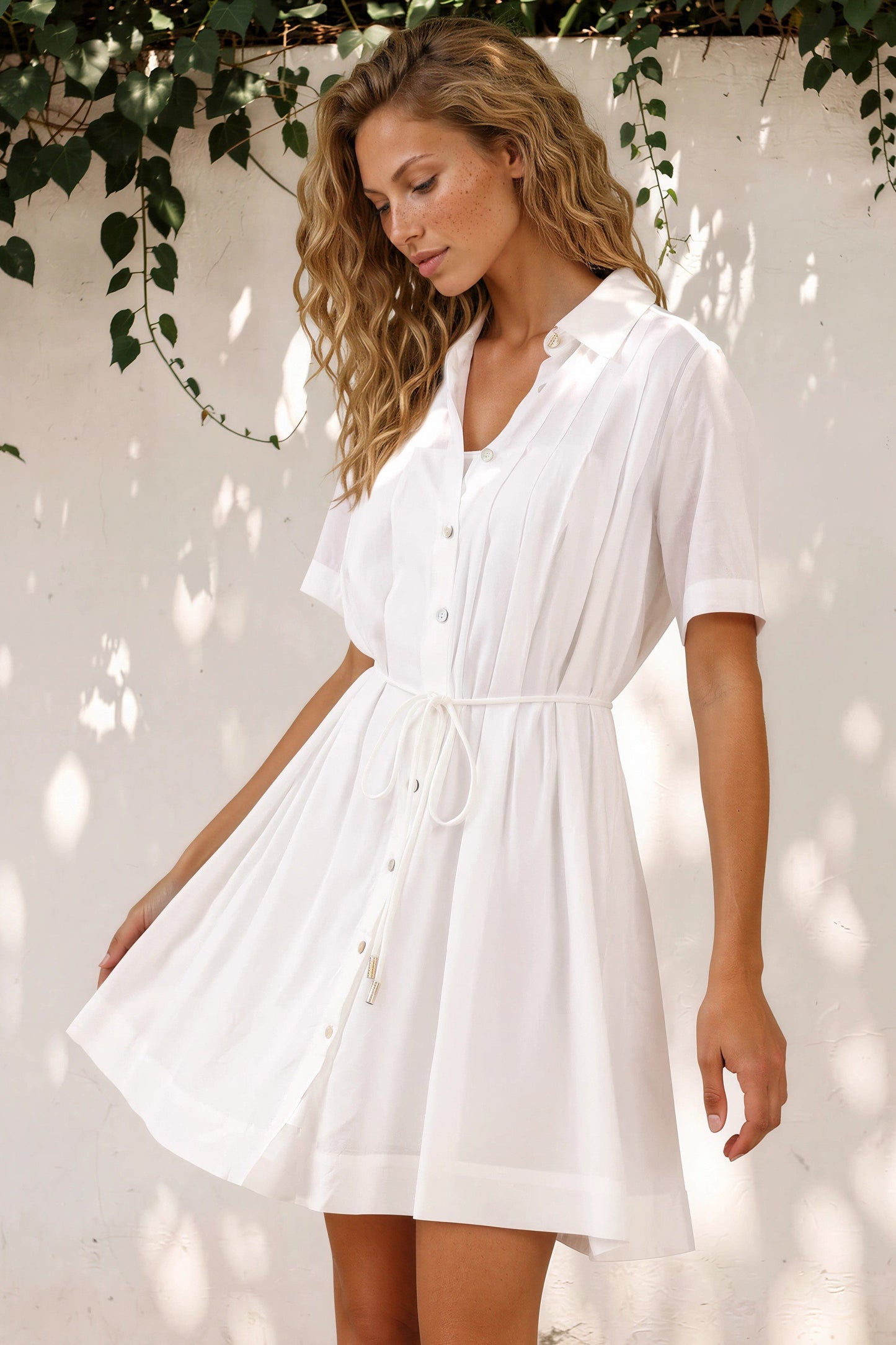 Santara Mini Dress - Collared Button Down with Slip and String Belt in White