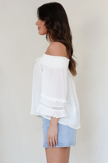 Sarah Top - Off Shoulder Ruffled Sleeve Top in White